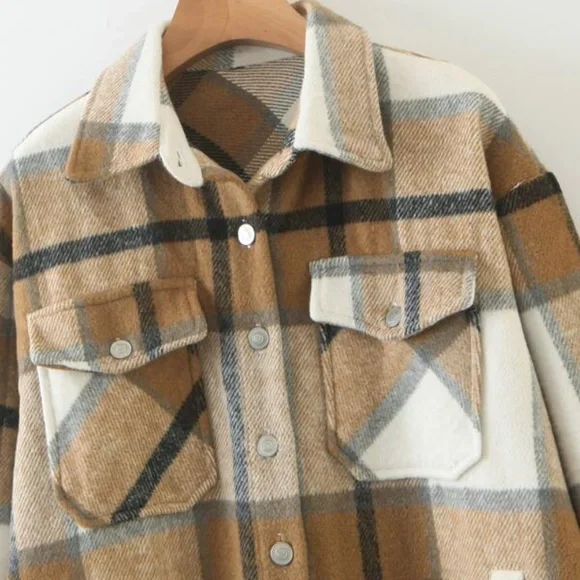 Khaki Tan Plaid Stripe Oversized Flannel Shirt Shacket - Picture 7 of 8